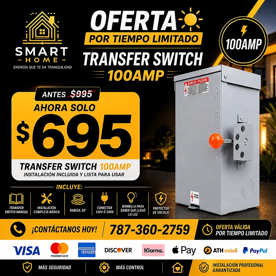 Transfer switch 100 AMP · instalado y listo